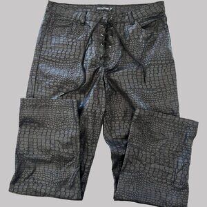 PrettyLittleThing Womens 10 Black Coated Croc Denim Flared‎ Pants Drawstring